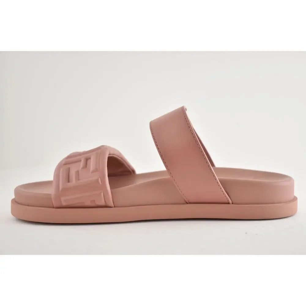 Fendi Feel Slide Pink Brick Leather FF Baguette Logo Gold Mule Flat Sandal 37